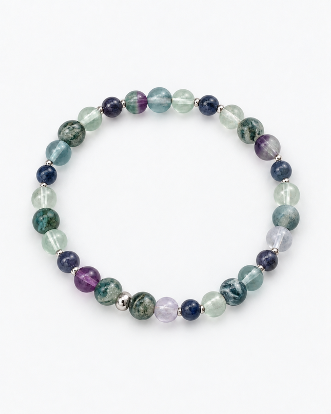 ROOT`S OF CLARITY - Perlenarmband aus Fluorit, Saphir und Moosachat