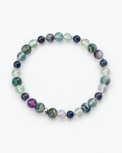 ROOT`S OF CLARITY - Perlenarmband aus Fluorit, Saphir und Moosachat