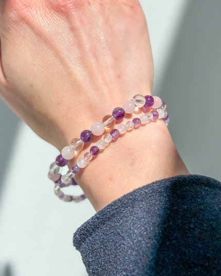 Holy Trinity Perlenarmband - Bergkristall, Amethyst, Rosenquarz