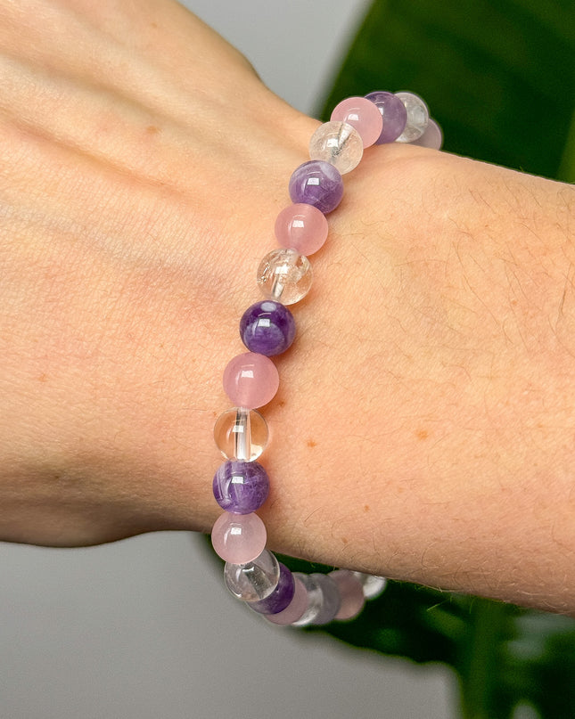 Holy Trinity Perlenarmband - Bergkristall, Amethyst, Rosenquarz