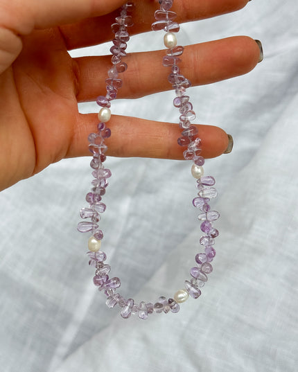 Amethyst Tropfen mit Perlen Halskette - 925 silber