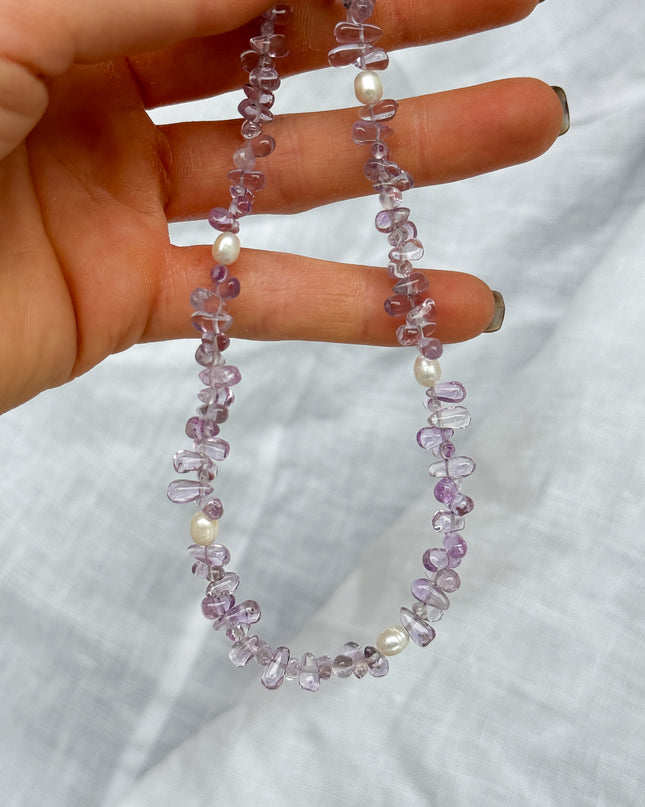 Amethyst Tropfen mit Perlen Halskette - 925 silber