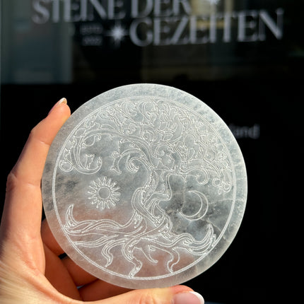 Selenit Scheibe Gravur "Lebensblume" oder "Yin/Yang"