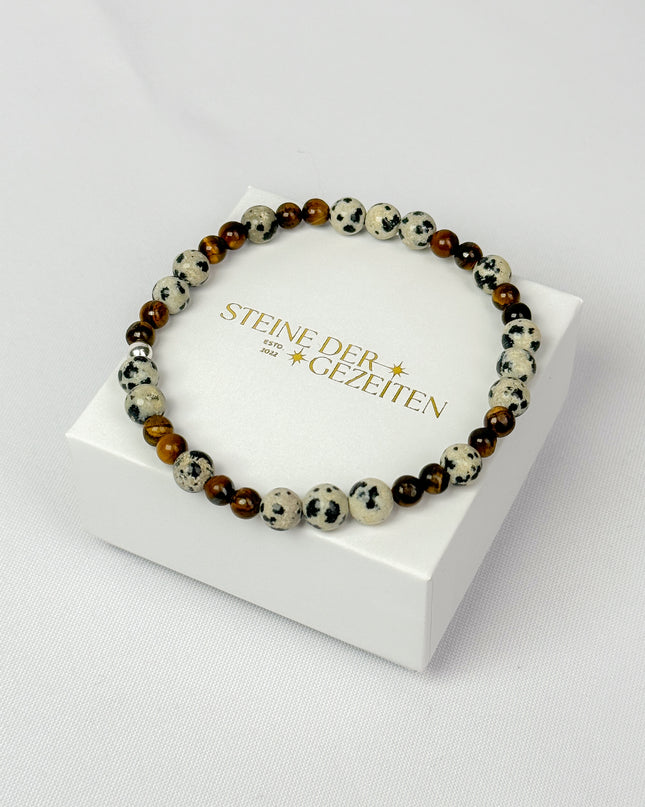 "Meister des Durchblicks" Tigerauge & Dalmatinerstein/Bergkristall - Design Armband